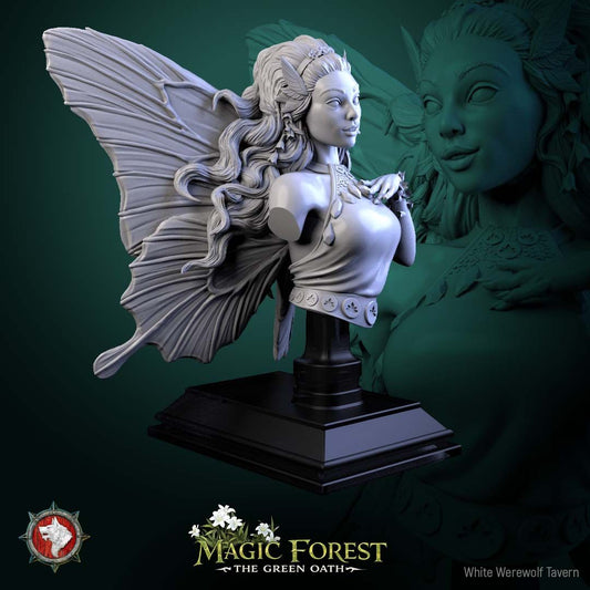 Render of Fairy Bust | Fantasy Fey Collector Bust | White Werewolf: Butterfly-winged fairy bust with flower crown and lace-collared bodice, from White Werewolf's Magic Forest: The Green Oath. 3D printed resin collector bust.