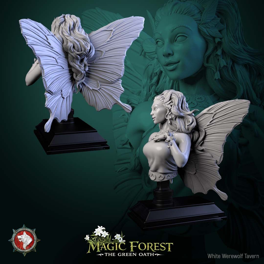 Render of Fairy Bust | Fantasy Fey Collector Bust | White Werewolf: Butterfly-winged fairy bust with flower crown and lace-collared bodice, from White Werewolf's Magic Forest: The Green Oath. 3D printed resin collector bust.