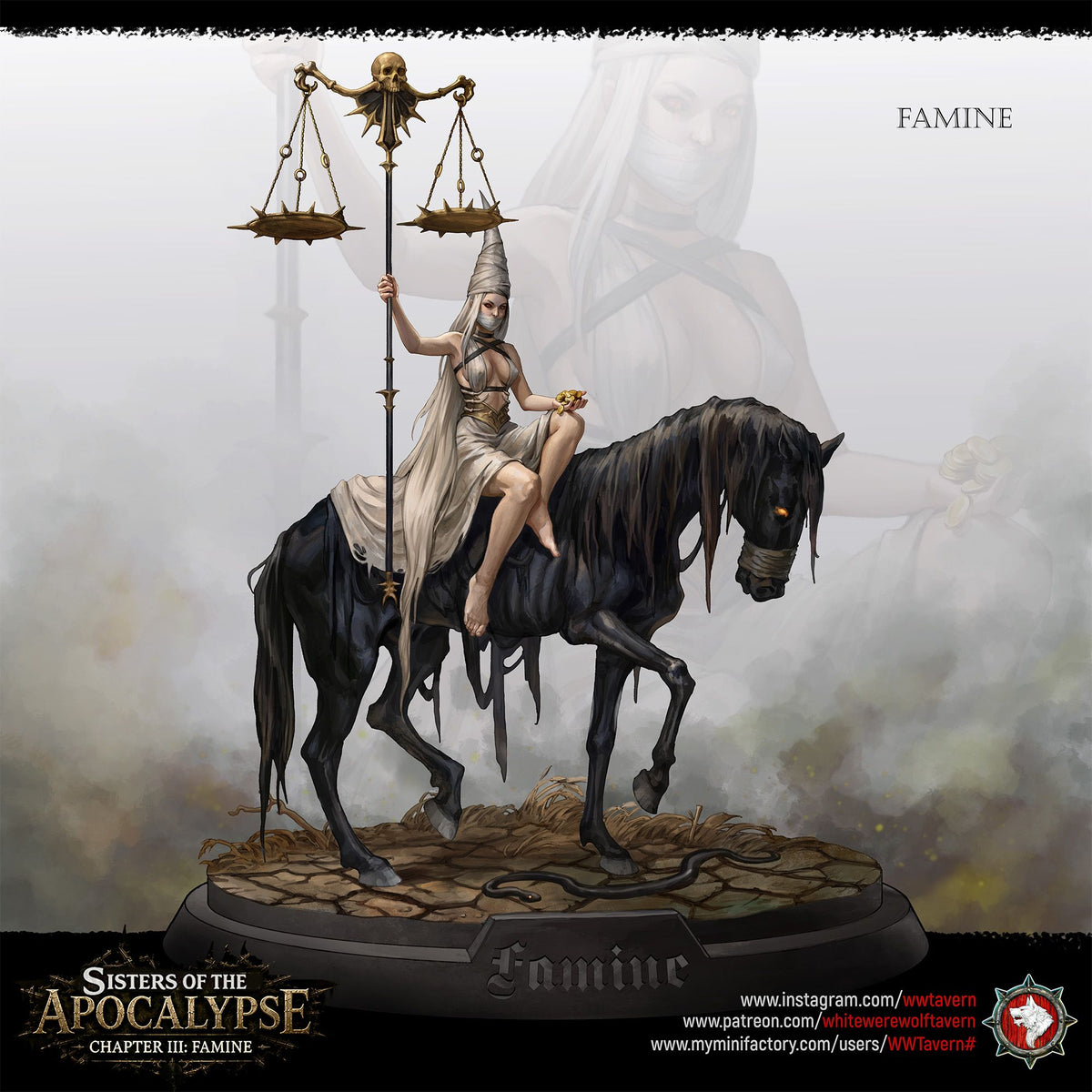 Painted studio render of Famine on her gaunt steed raising the golden scales, White Werewolf Tavern.