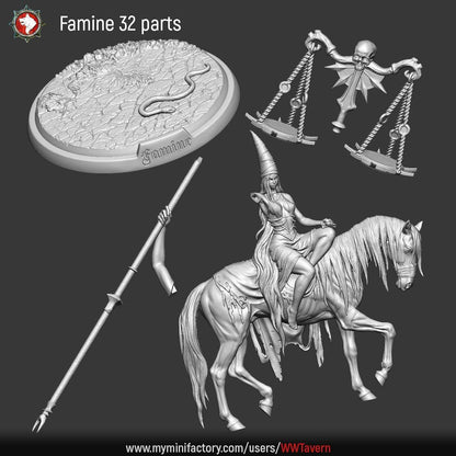 Famine 32mm parts: sculpted scenic base, golden scales standard, arm, and the rider-and-horse body.