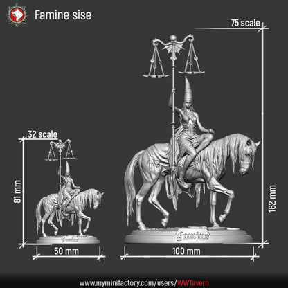 Famine size chart: 32mm scale is 81mm tall on a 50mm base, 75mm scale is 162mm tall on a 100mm base.