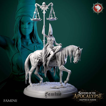 Famine, a mounted female Horseman of the Apocalypse with the golden scales on a gaunt steed, 3D printed resin miniature by White Werewolf Tavern.