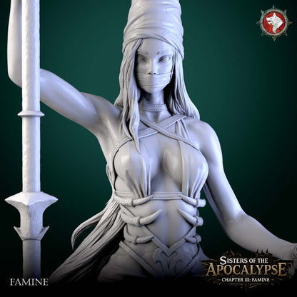 Close-up render of the Famine rider showing the veil, halter and bone-tipped belt sculpt detail.