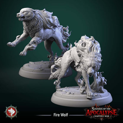 Two angles of the Fire Wolves, one mid-stride and one prowling low, manes and tails alight