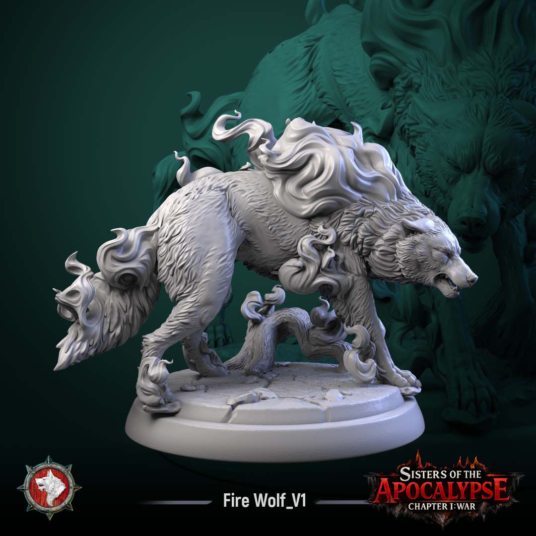 Fire Wolf prowling low with head down, a great flame mane along its spine and a blazing tail