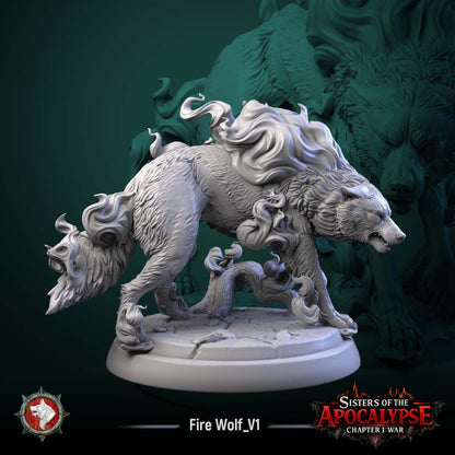 Fire Wolf prowling low with head down, a great flame mane along its spine and a blazing tail