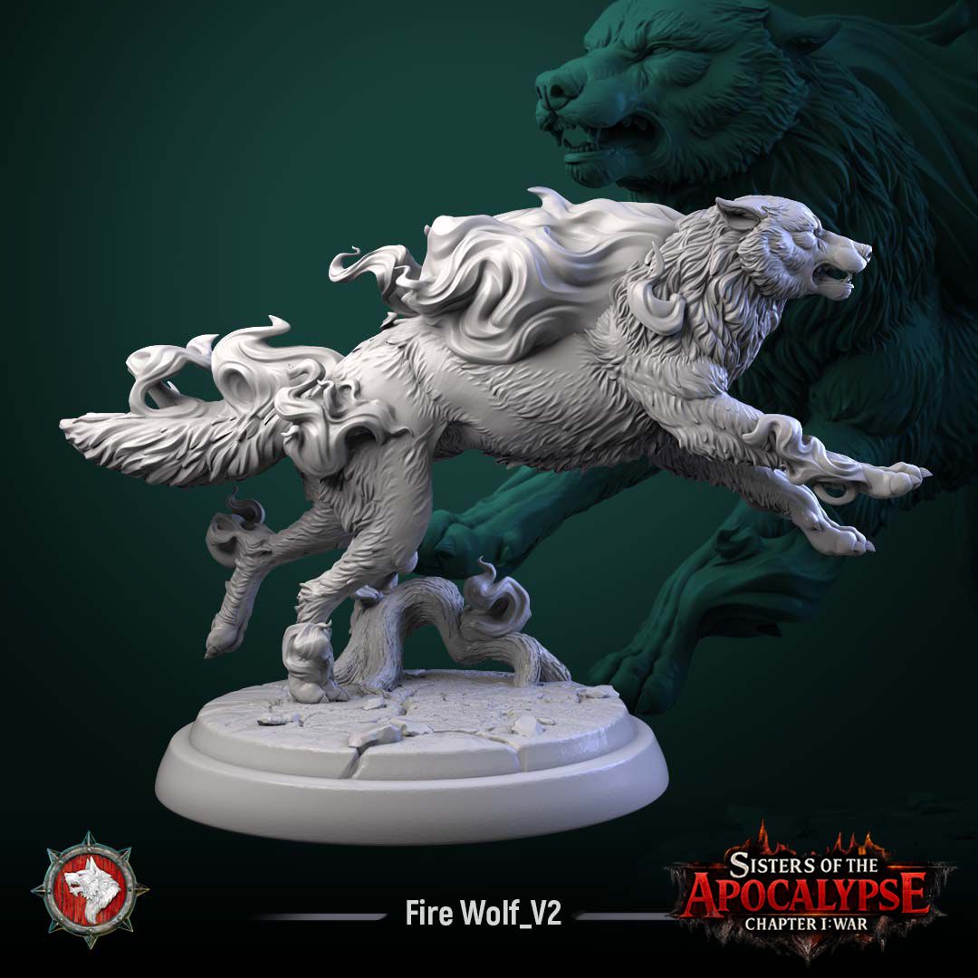 Fire Wolf at full leap, body stretched, flames streaming from its mane and tail