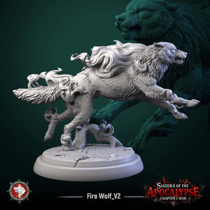 Fire Wolf at full leap, body stretched, flames streaming from its mane and tail
