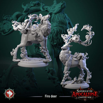 Two angles of the Fire Stags showing their flaming antlers, one bellowing and one standing alert
