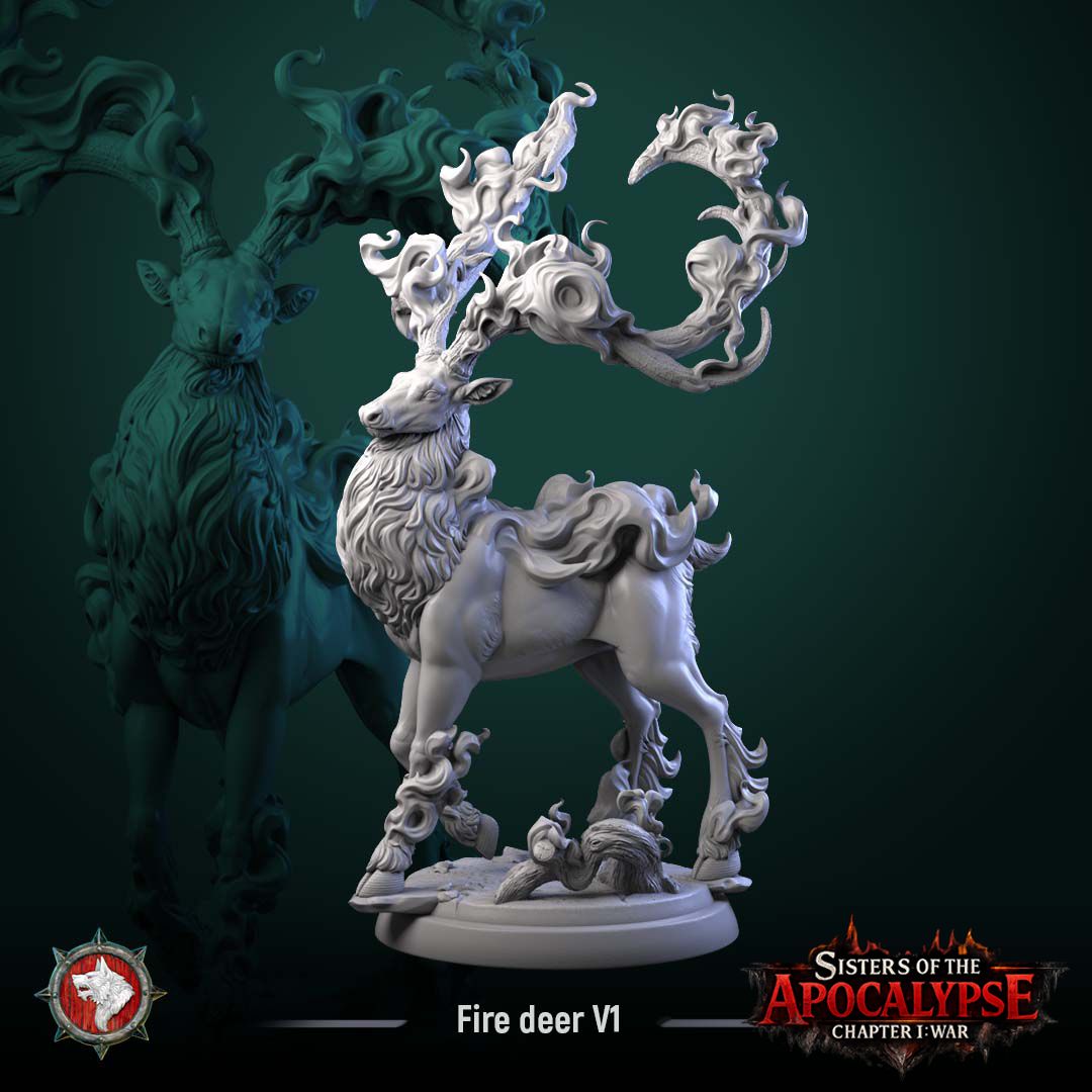 Fire Stag standing alert, head raised beneath huge ornate antlers wreathed in flame