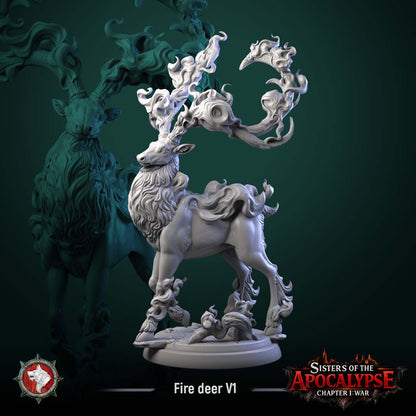 Fire Stag standing alert, head raised beneath huge ornate antlers wreathed in flame