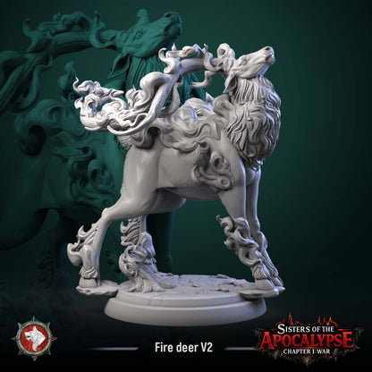 Fire Stag with head thrown back to bellow, flaming antlers and mane trailing fire