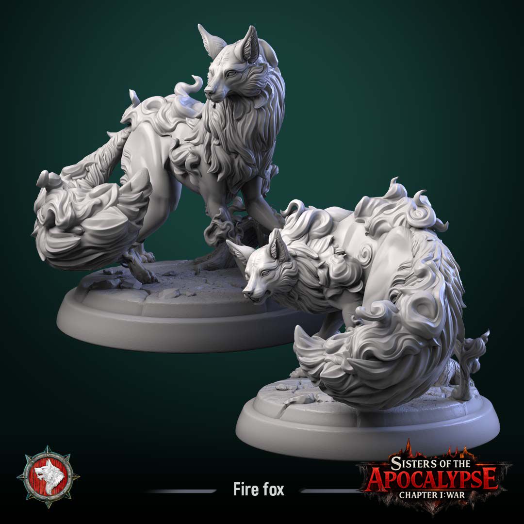 Two angles of the Fire Foxes, prowling and crouched, with large flame-wreathed tails