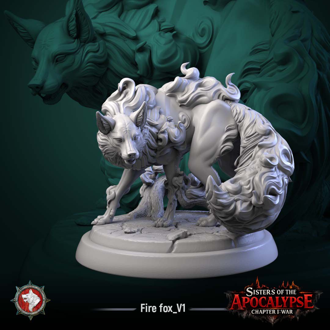 Fire Fox crouched and prowling, its oversized bushy tail curling into flame