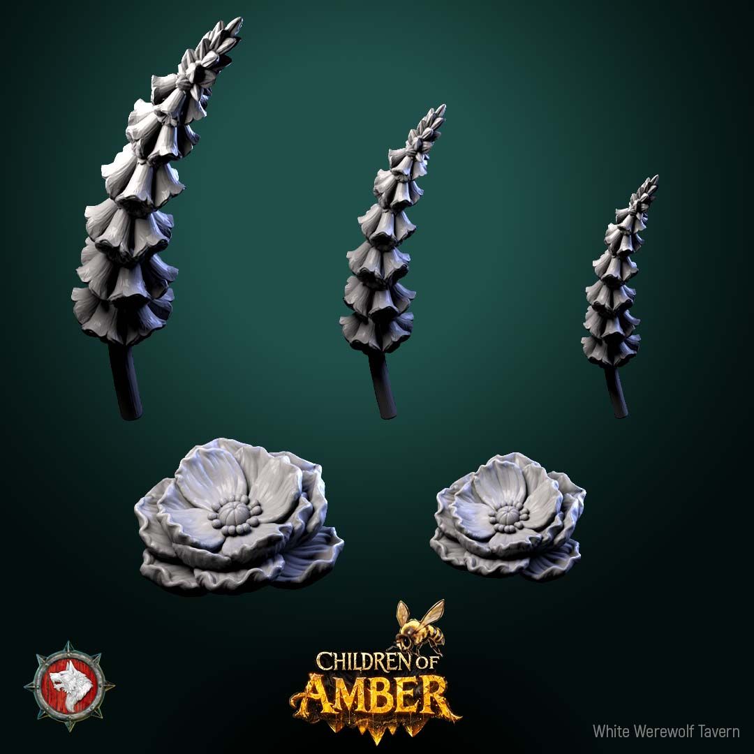 Render of Fantasy Flowers Scatter | Forest Terrain Set | White Werewolf: Five oversized fantasy flower clusters for fey forest tables, scenic groundwork, and dioramas, from Children of Amber. 3D printed scatter terrain set.