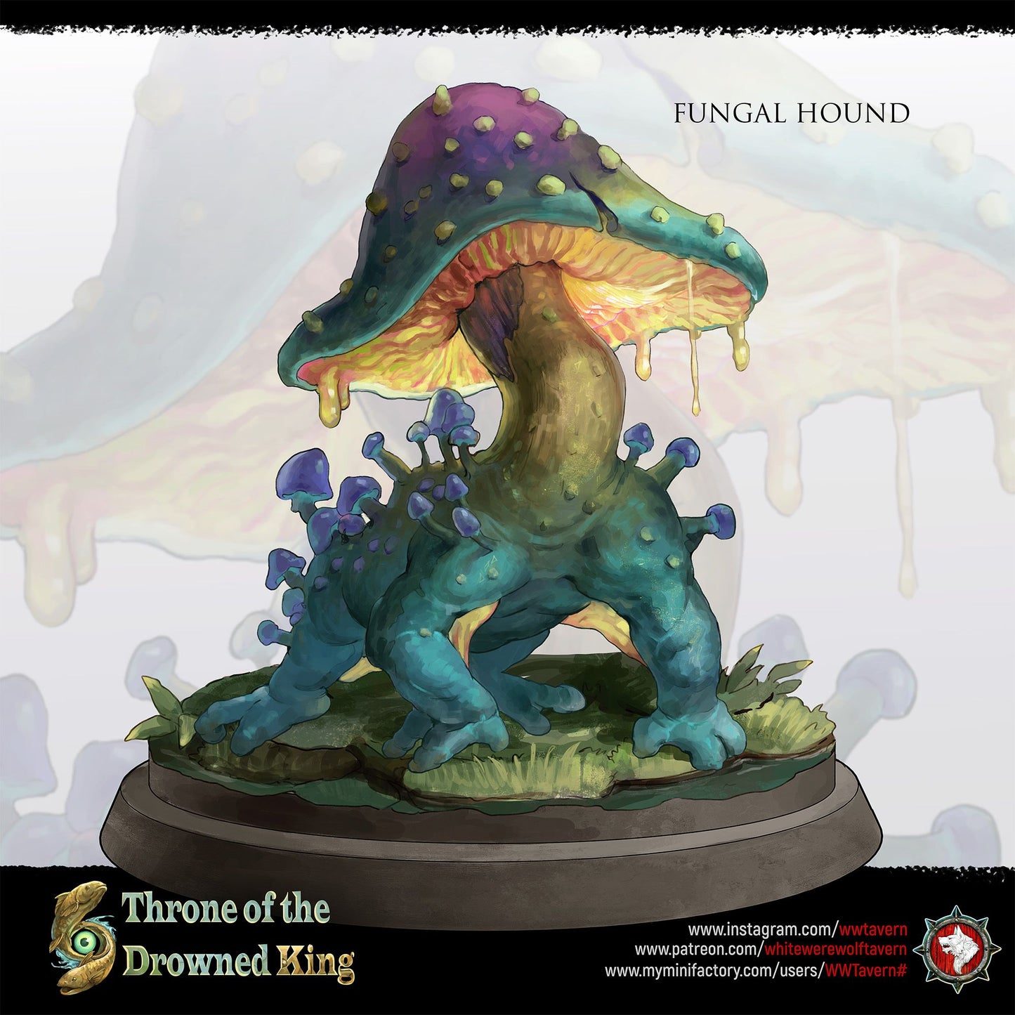 Render of Fungal Hound | 32mm Mushroom Beast Miniature: Hulking hound fused with a dripping toadstool cap, from White Werewolf's Throne of the Drowned King. 32mm 3D printed resin swamp monster miniature.