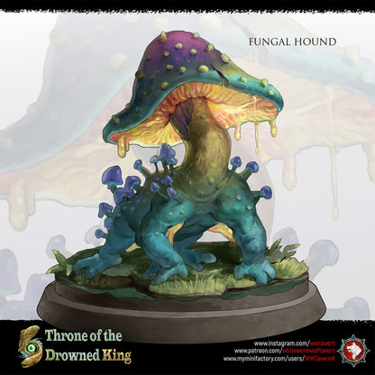 Render of Fungal Hound | 32mm Mushroom Beast Miniature: Hulking hound fused with a dripping toadstool cap, from White Werewolf's Throne of the Drowned King. 32mm 3D printed resin swamp monster miniature.