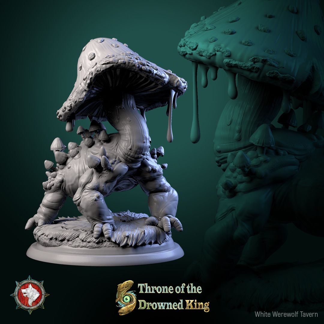 Render of Fungal Hound | 32mm Mushroom Beast Miniature: Hulking hound fused with a dripping toadstool cap, from White Werewolf's Throne of the Drowned King. 32mm 3D printed resin swamp monster miniature.