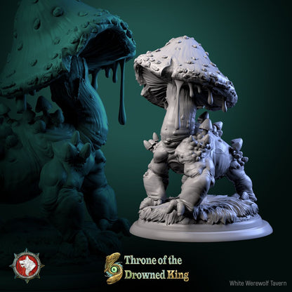 Render of Fungal Hound | 32mm Mushroom Beast Miniature: Hulking hound fused with a dripping toadstool cap, from White Werewolf's Throne of the Drowned King. 32mm 3D printed resin swamp monster miniature.
