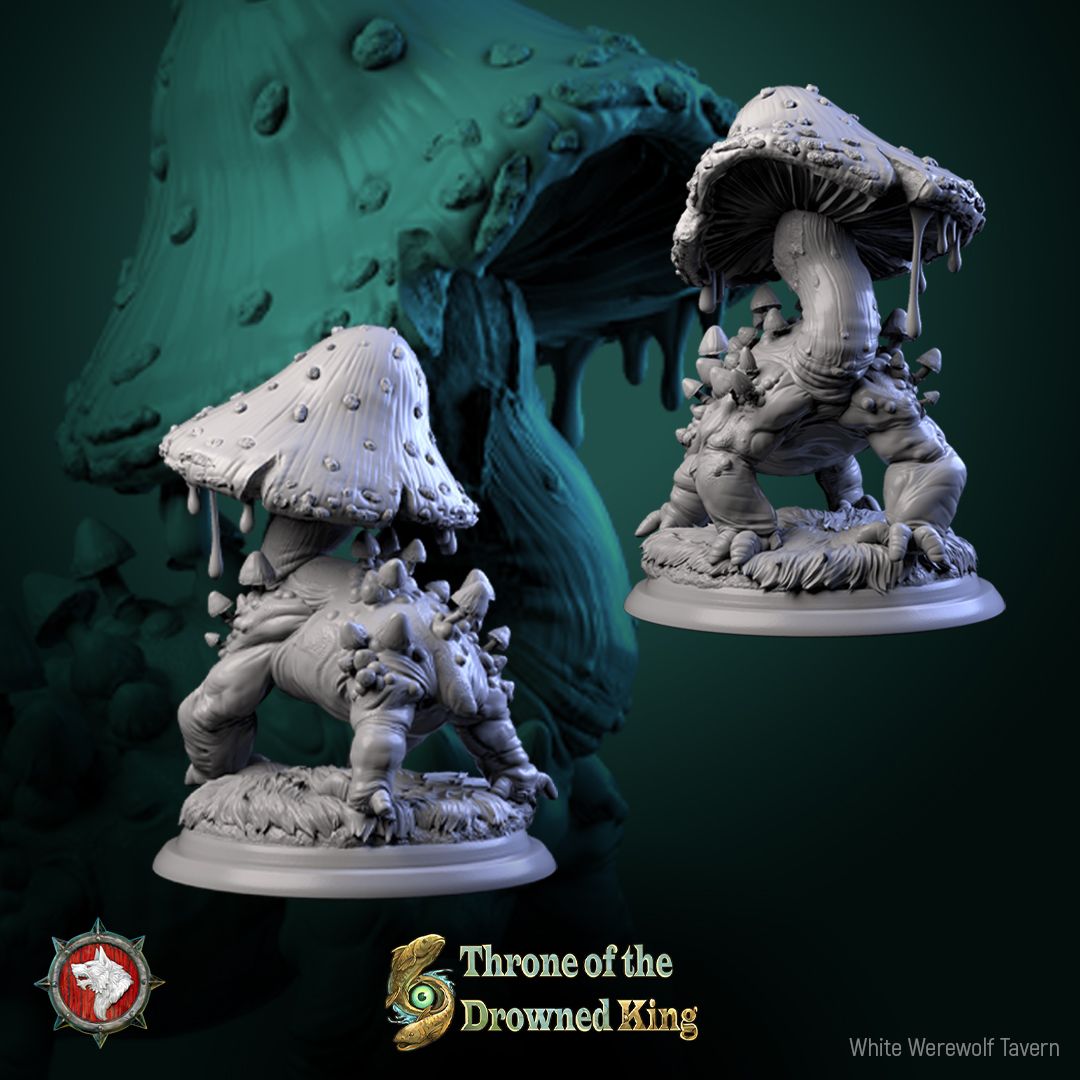 Render of Fungal Hound | 32mm Mushroom Beast Miniature: Hulking hound fused with a dripping toadstool cap, from White Werewolf's Throne of the Drowned King. 32mm 3D printed resin swamp monster miniature.