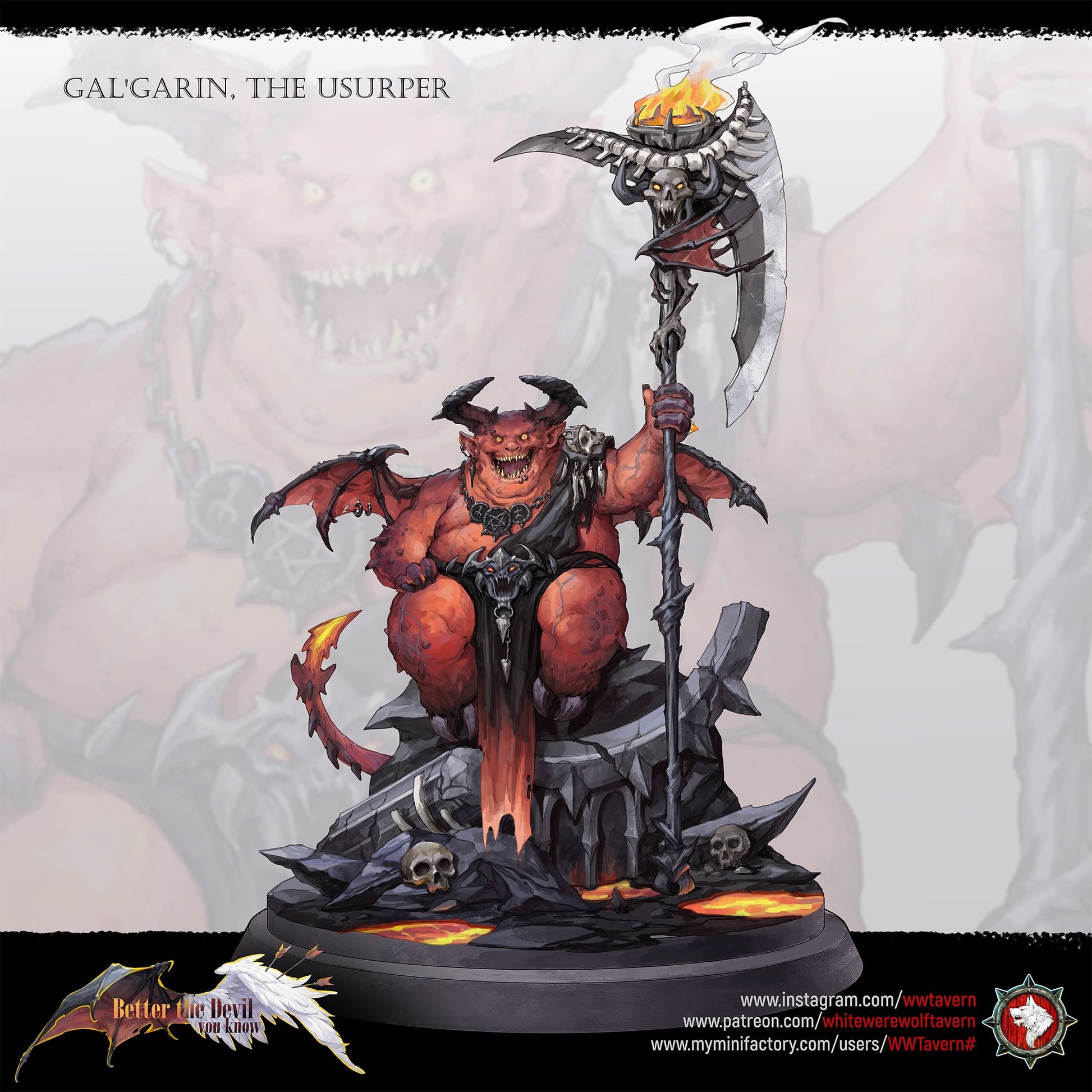 Render of Gal'garin the Usurper | 32mm Demon Lord Miniature: Corpulent horned demon lord with skull scythe-staff and bat wings, from White Werewolf's Better the Devil You Know. 32mm 3D printed resin miniature.