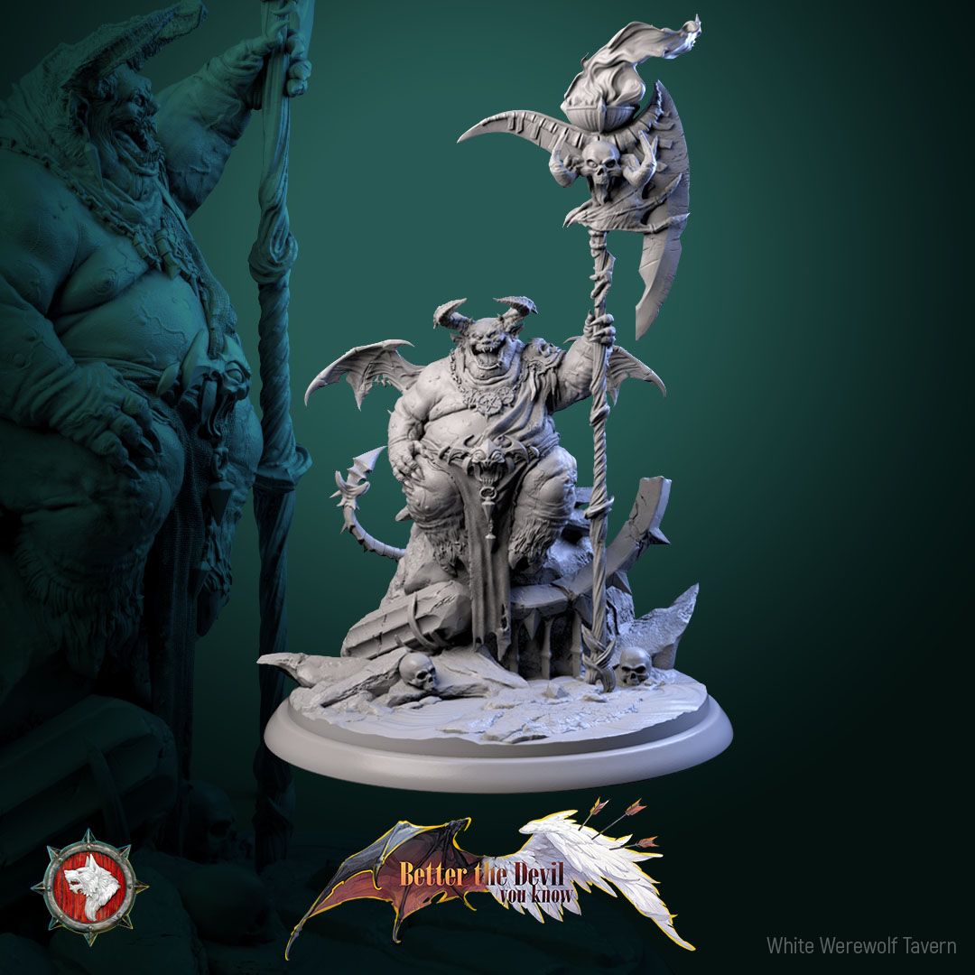 Render of Gal'garin the Usurper | 32mm Demon Lord Miniature: Corpulent horned demon lord with skull scythe-staff and bat wings, from White Werewolf's Better the Devil You Know. 32mm 3D printed resin miniature.