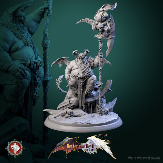 Render of Gal'garin the Usurper | 32mm Demon Lord Miniature: Corpulent horned demon lord with skull scythe-staff and bat wings, from White Werewolf's Better the Devil You Know. 32mm 3D printed resin miniature.