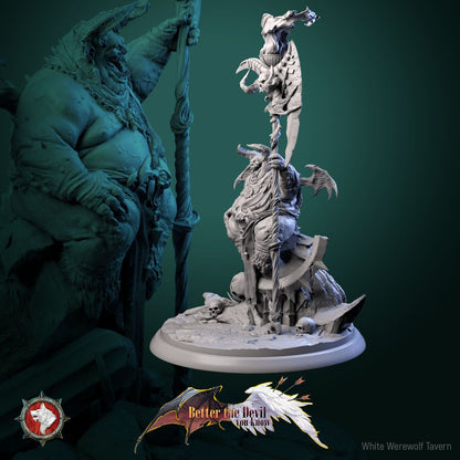 Render of Gal'garin the Usurper | 32mm Demon Lord Miniature: Corpulent horned demon lord with skull scythe-staff and bat wings, from White Werewolf's Better the Devil You Know. 32mm 3D printed resin miniature.