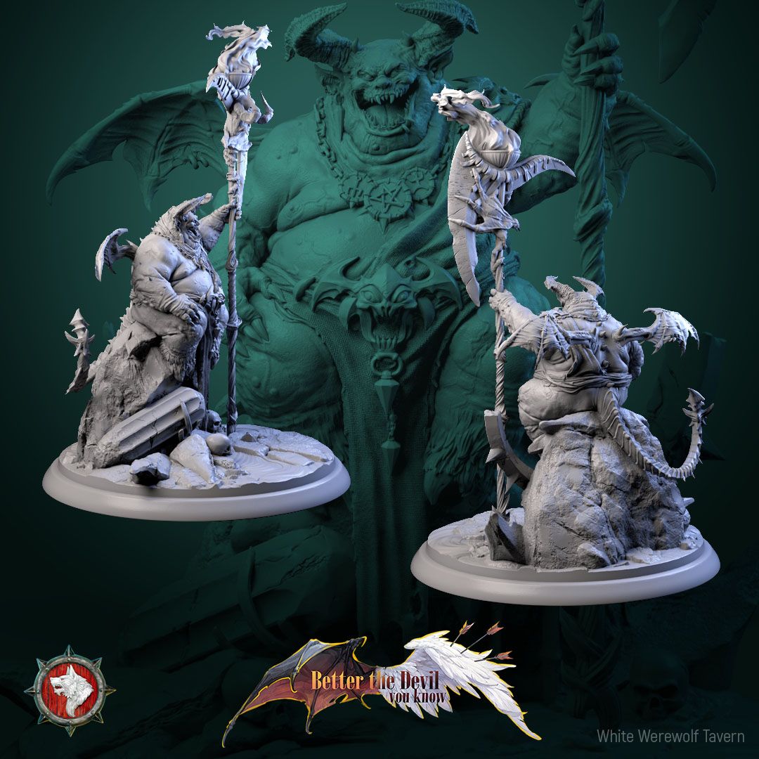 Render of Gal'garin the Usurper | 32mm Demon Lord Miniature: Corpulent horned demon lord with skull scythe-staff and bat wings, from White Werewolf's Better the Devil You Know. 32mm 3D printed resin miniature.
