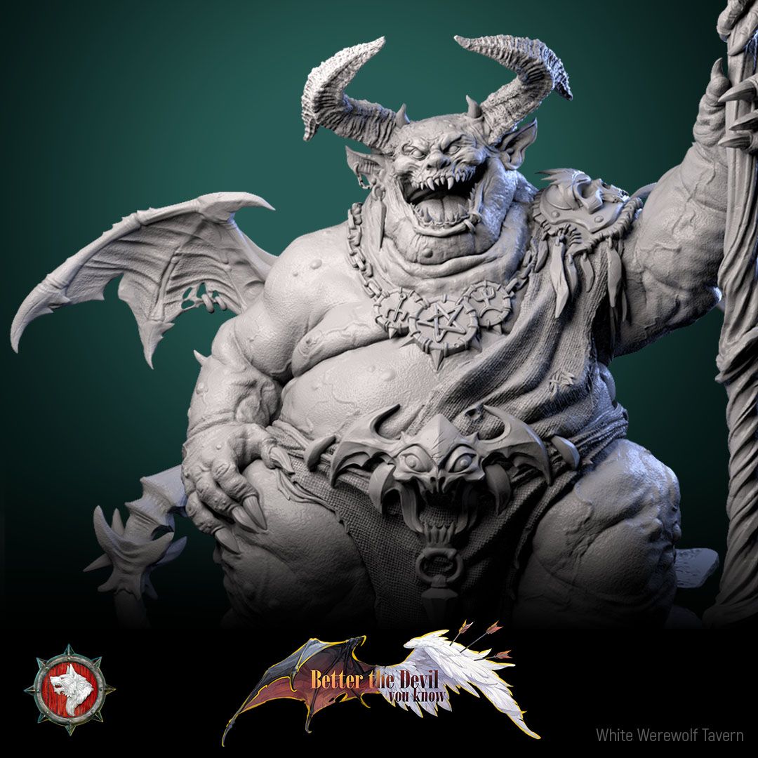Render of Gal'garin the Usurper | 32mm Demon Lord Miniature: Corpulent horned demon lord with skull scythe-staff and bat wings, from White Werewolf's Better the Devil You Know. 32mm 3D printed resin miniature.