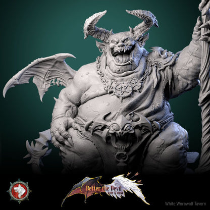 Render of Gal'garin the Usurper | 32mm Demon Lord Miniature: Corpulent horned demon lord with skull scythe-staff and bat wings, from White Werewolf's Better the Devil You Know. 32mm 3D printed resin miniature.