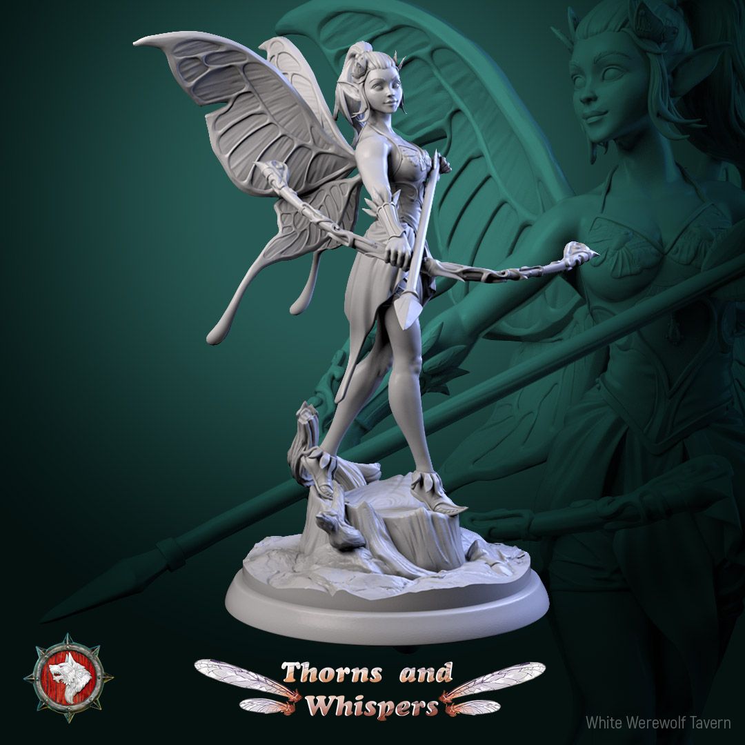 Glimmer Guardian 75mm display miniature, side view, fairy with butterfly wings holding a vine spear on a stump base