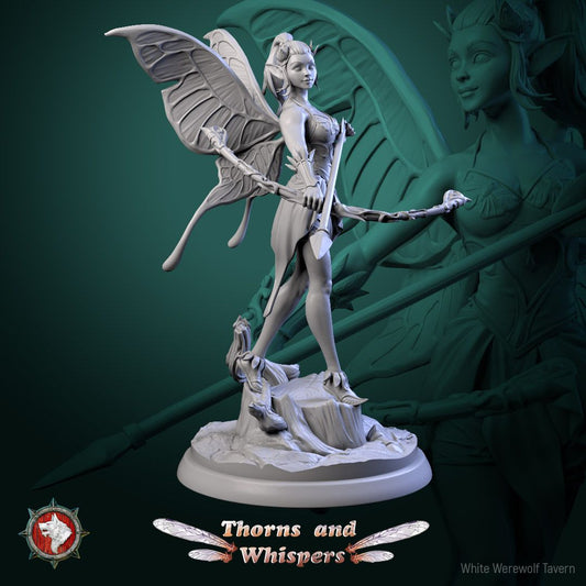 Glimmer Guardian 75mm display miniature, side view, fairy with butterfly wings holding a vine spear on a stump base