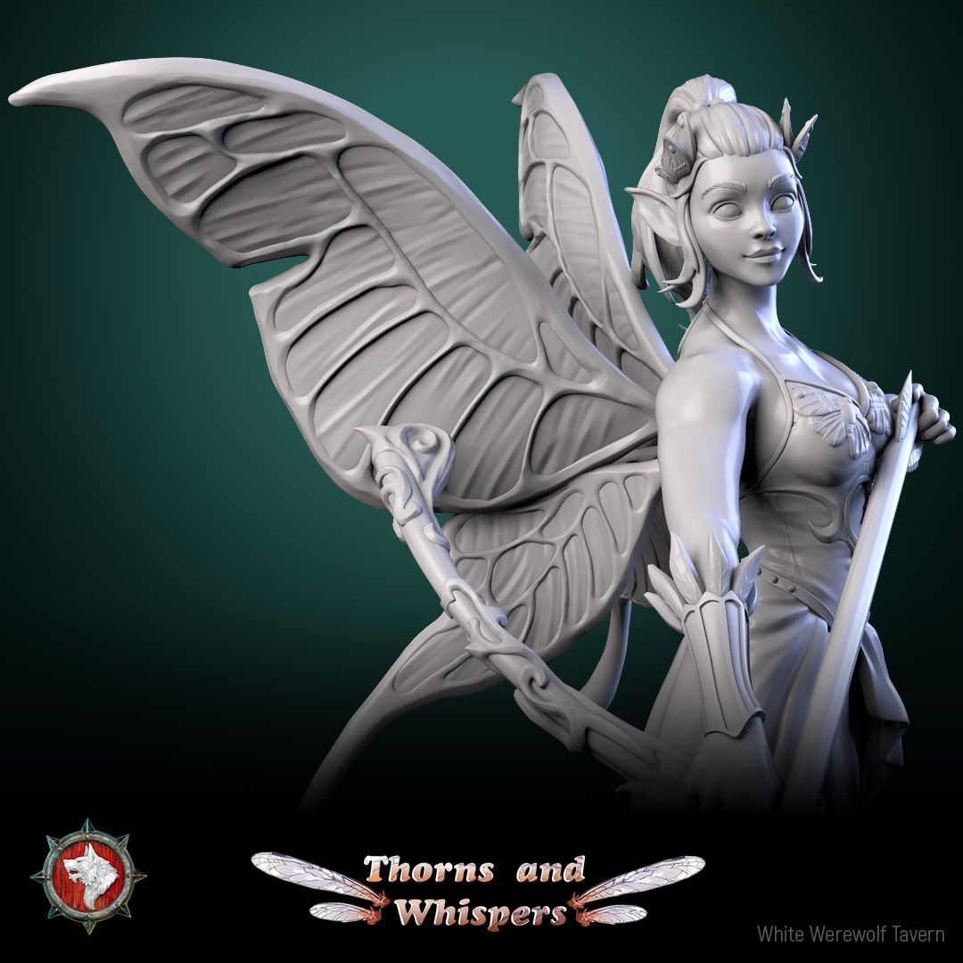 Glimmer Guardian close-up render, face, ponytail and wing detail with the vine spear