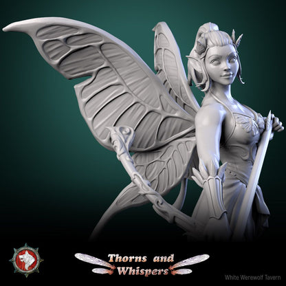 Glimmer Guardian close-up render, face, ponytail and wing detail with the vine spear