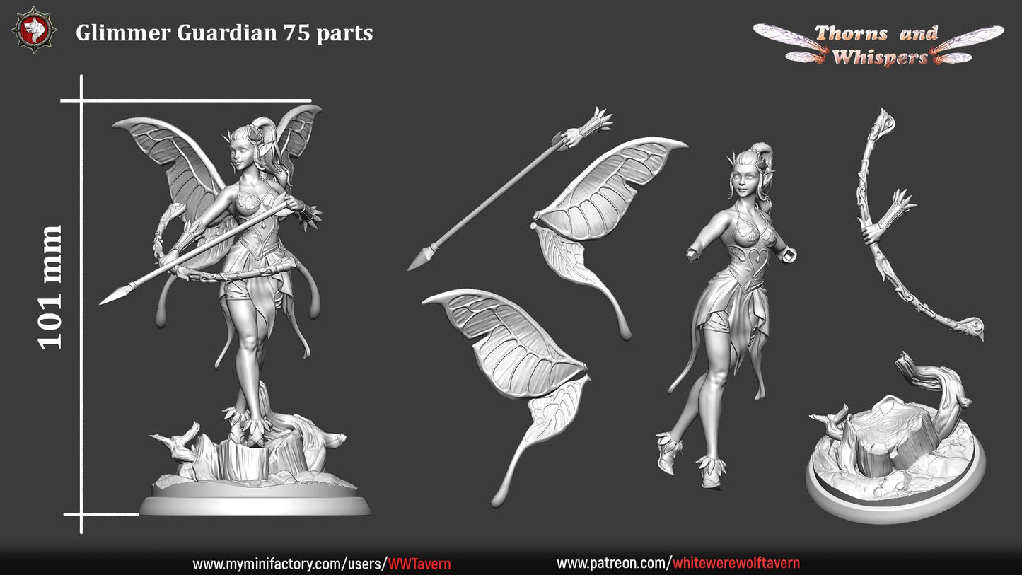 Glimmer Guardian 75mm parts sheet, 101mm height with separate wings, spear arms and stump base