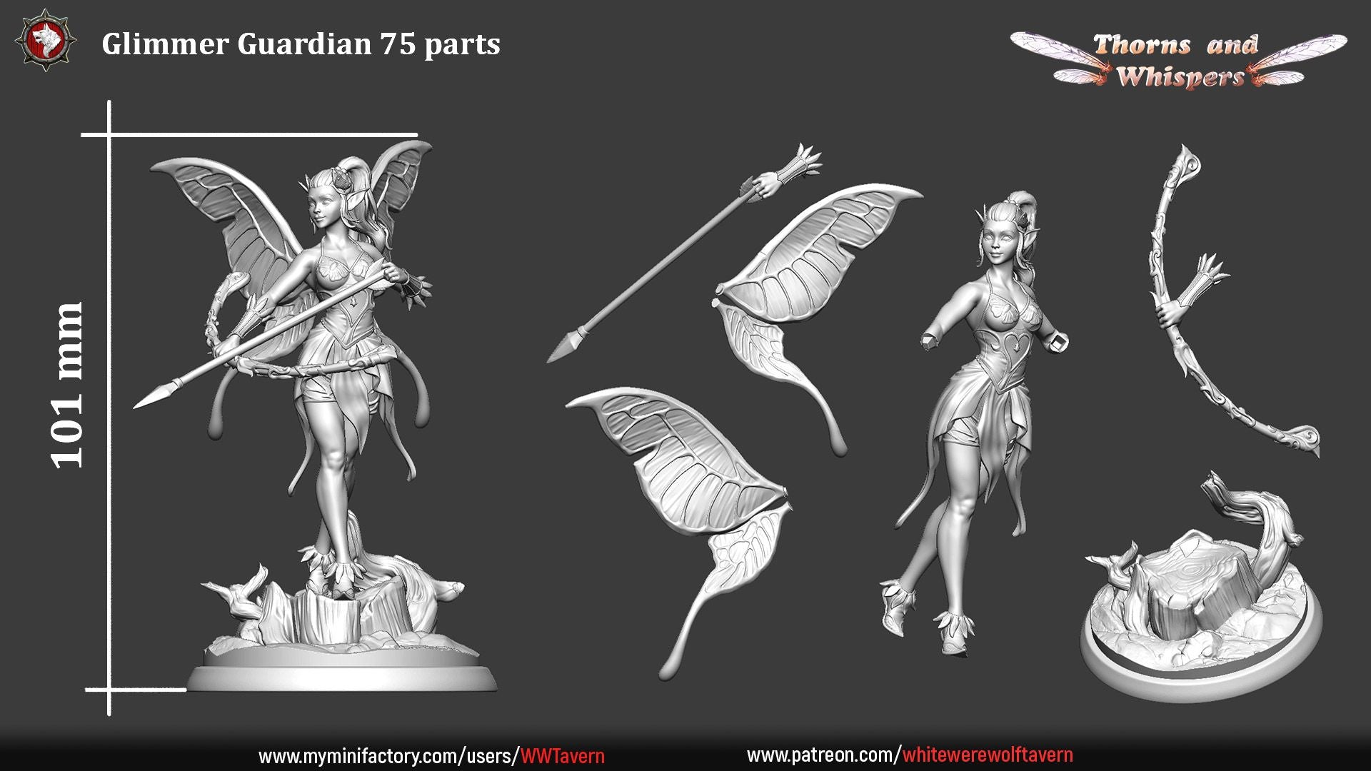 Glimmer Guardian 75mm parts sheet, 101mm height with separate wings, spear arms and stump base