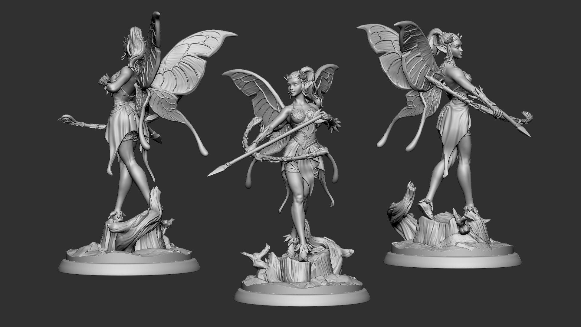Glimmer Guardian 75mm three-view turnaround render of the sculpt