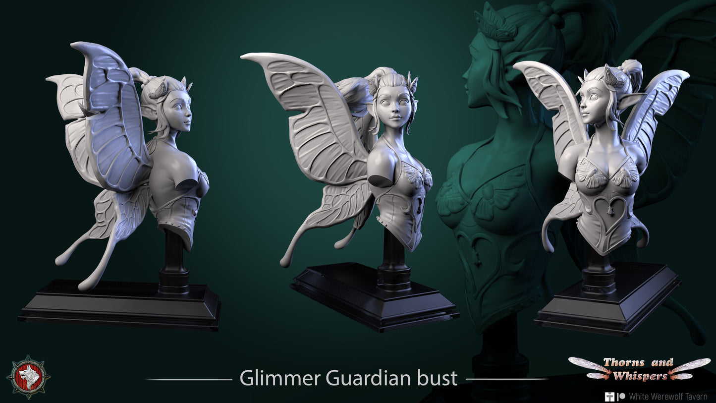 Glimmer Guardian bust title render, three views of the fairy bust