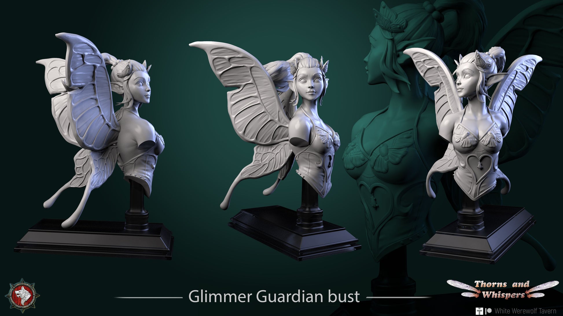 Glimmer Guardian bust title render, three views of the fairy bust