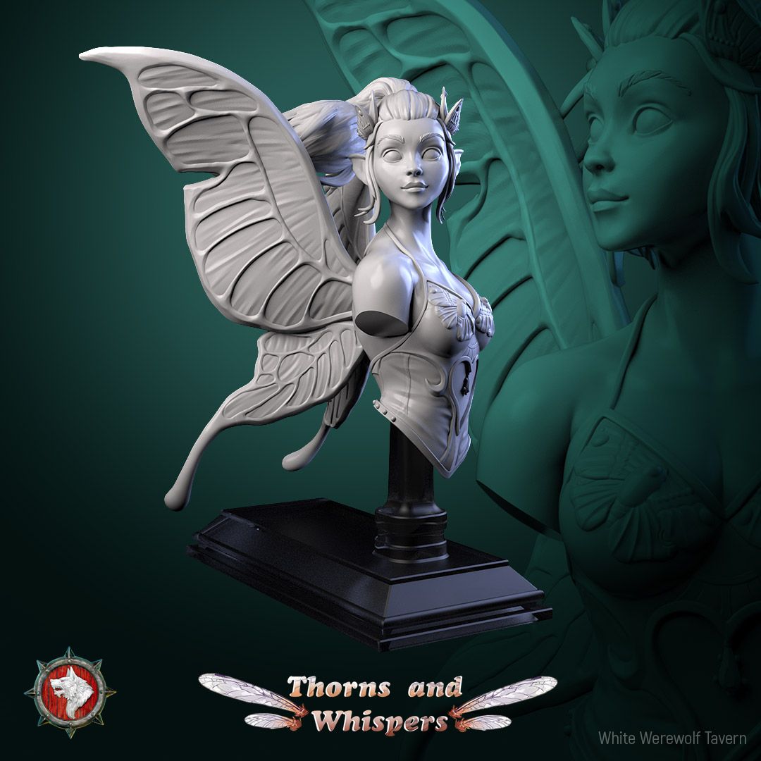 Glimmer Guardian bust, three-quarter view, ponytailed fairy bust with swallowtail butterfly wings