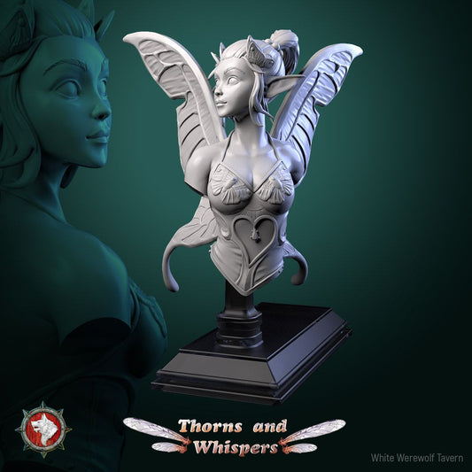 Glimmer Guardian bust, side and rear three-quarter views on the black plinth