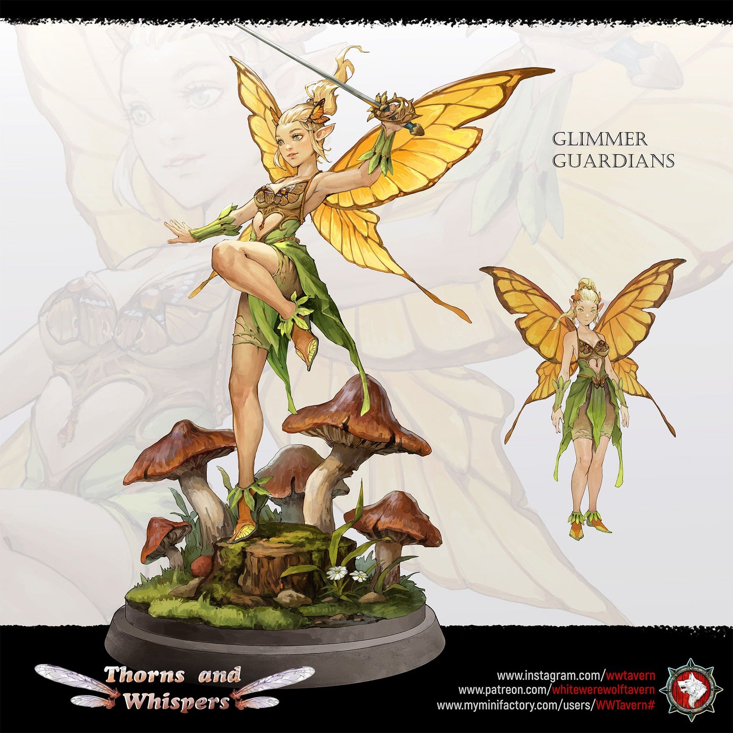 Glimmer Guardians painted key art, golden-winged fairy with sword standing on mushrooms