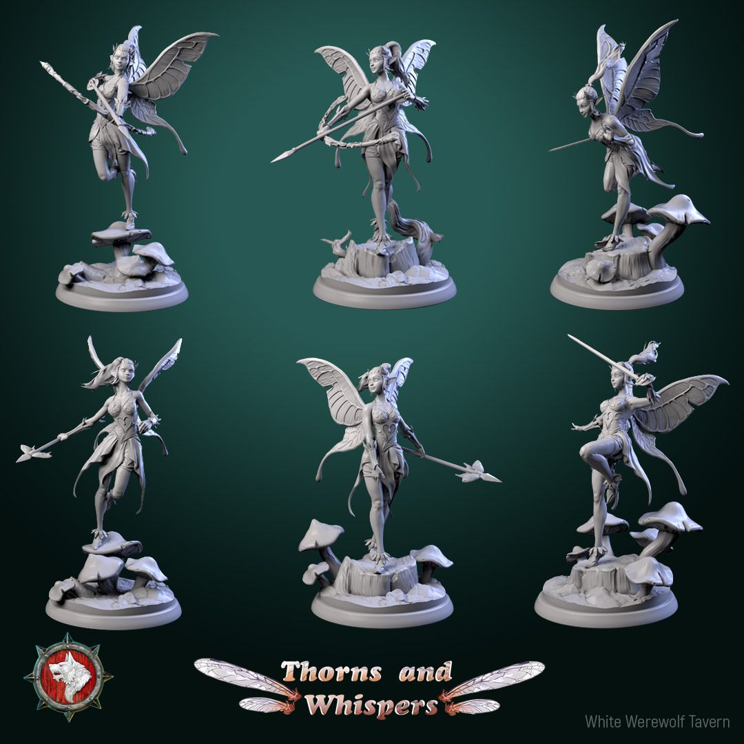 Glimmer Guardians set of six 32mm fairy warrior miniatures with butterfly wings on mushroom bases