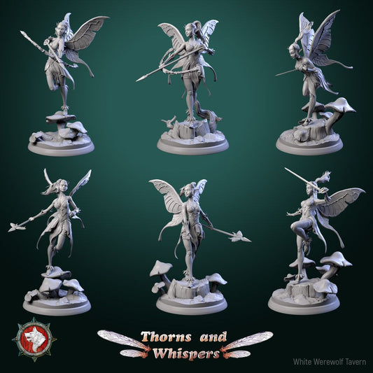 Glimmer Guardians set of six 32mm fairy warrior miniatures with butterfly wings on mushroom bases