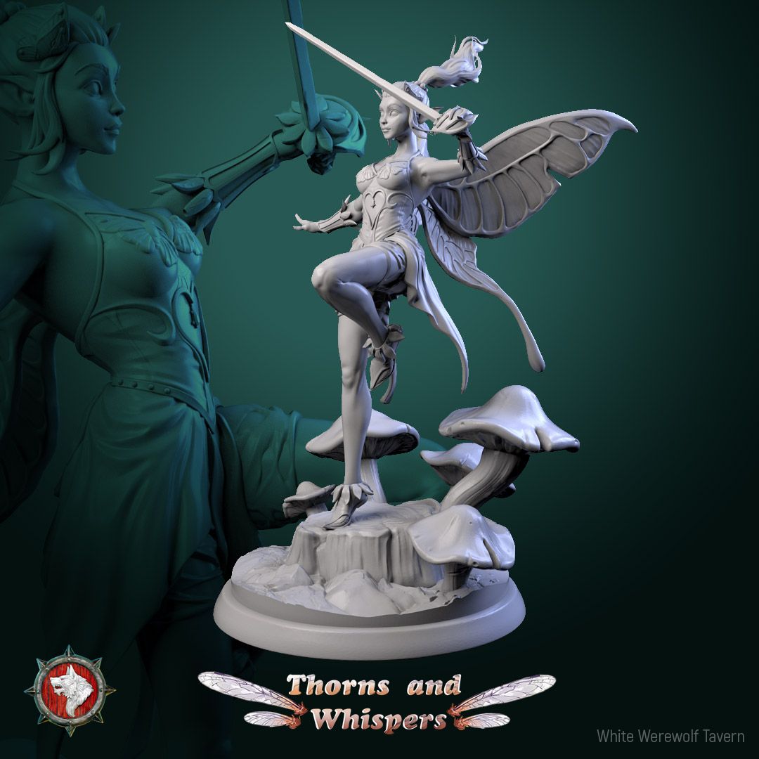 Glimmer Guardian Model 1, 32mm fairy warrior with sword raised overhead and knee up on a mushroom stump