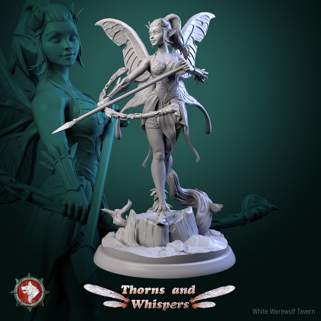 Glimmer Guardian Model 3, 32mm fairy warrior holding a vine-wrapped spear across her body