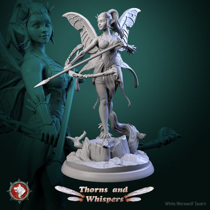 Glimmer Guardian Model 3, 32mm fairy warrior holding a vine-wrapped spear across her body