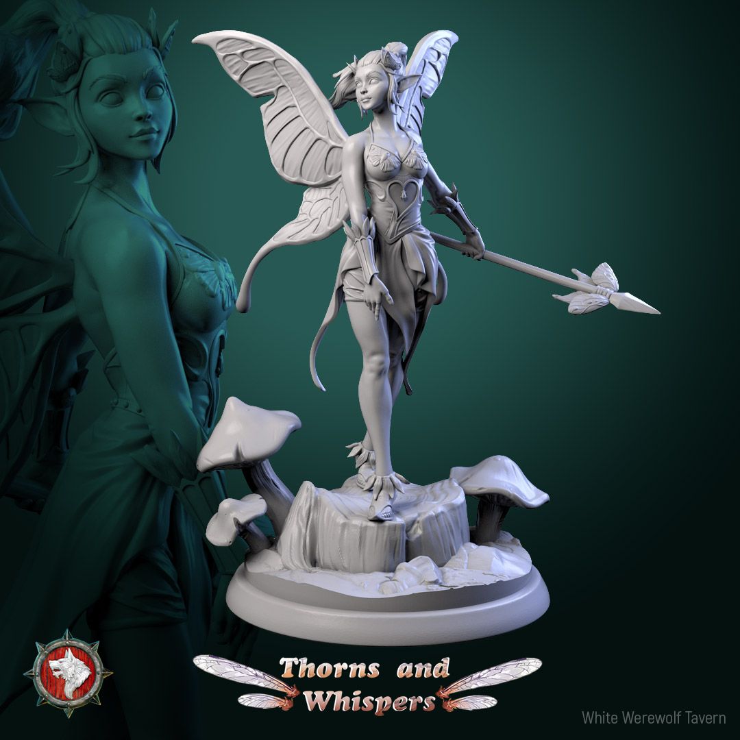 Glimmer Guardian Model 5, 32mm fairy warrior standing with a butterfly-tipped spear angled low at her side