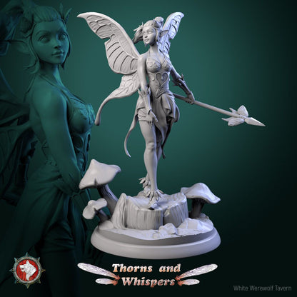 Glimmer Guardian Model 5, 32mm fairy warrior standing with a butterfly-tipped spear angled low at her side